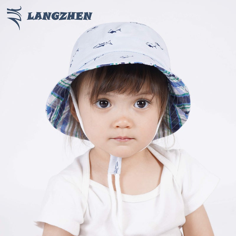 LANGZHEN Sun Protection Hat for Kids Toddler Boys Girls Wide Brim Summer Outdoor hat Cotton Baby Bucket Hat with Chin Strap (Light Blue - Fish, S: 6M-12M (48cm /18.9")) - Image 2